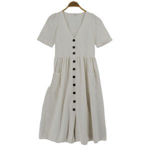 Goodnight Macaroon Champagne Chanel Ivory Short Sleeve V Neck Button Up Dress
